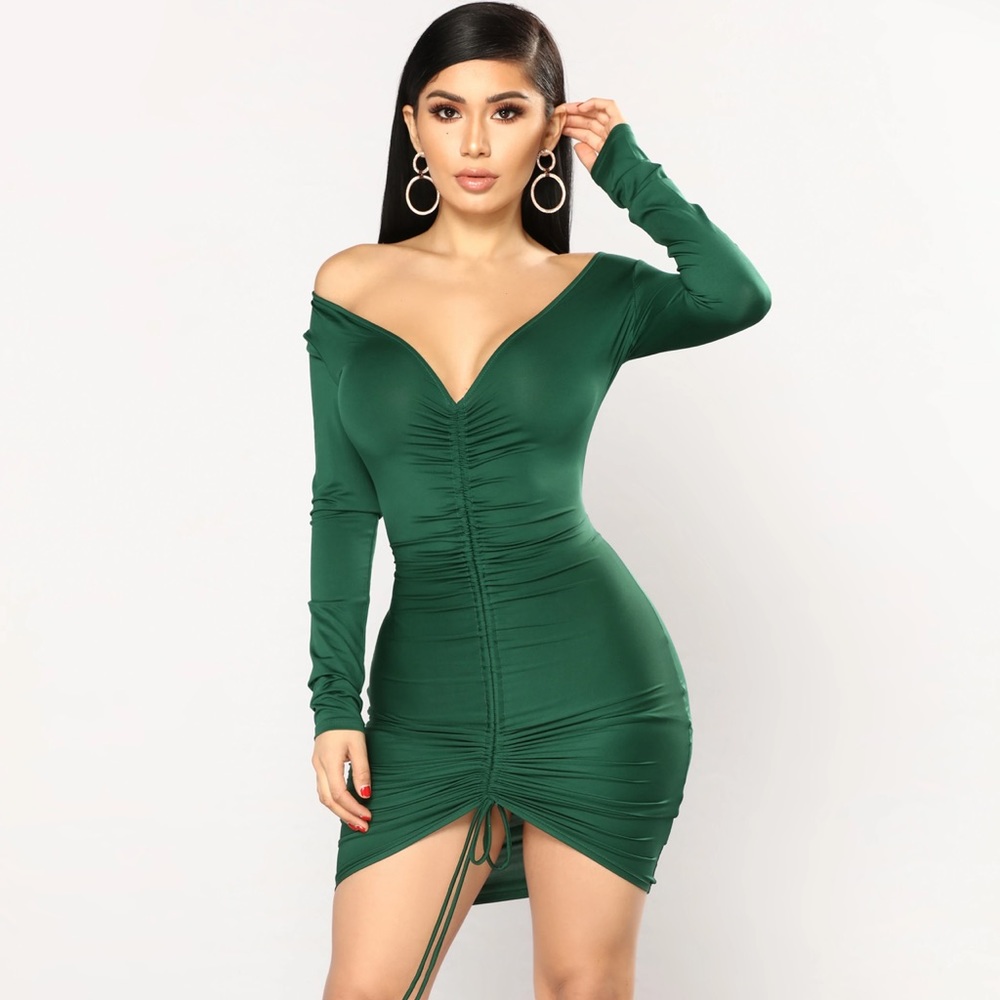 Fashion Nova Long Sleeve Ruched Dress - Hunter